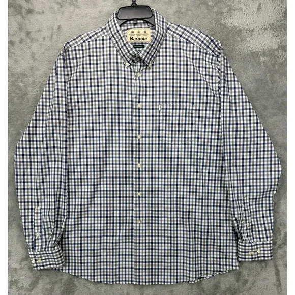 Barbour Mens Shirt US XL Tan Gray Plaid Check Tailored Fit Long Sleeve Button Up